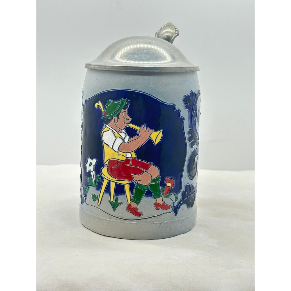 Vintage German Beer Ceramic Stein Metal Lid Painted Figurine Musician